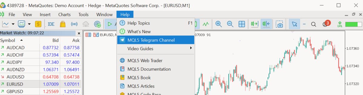 在“帮助”菜单中添加MQL5 Telegram频道的链接。